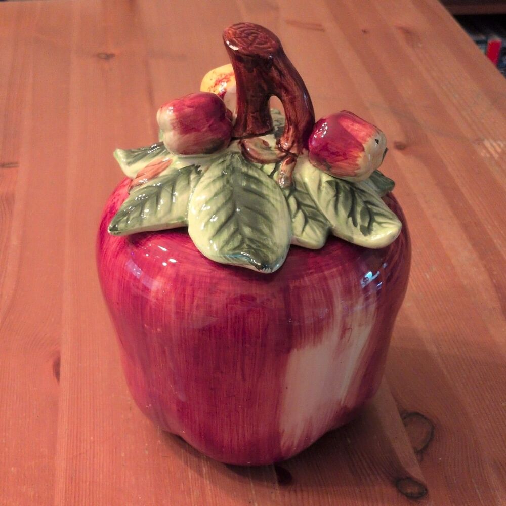 Large Ceramic Apple cookie Jar with Lid Handle, Red Green Yellow, Glossy Fruit